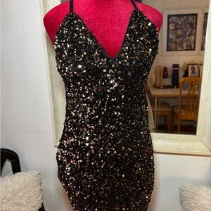 Sequin Halter Mini Dress - Black and Gold